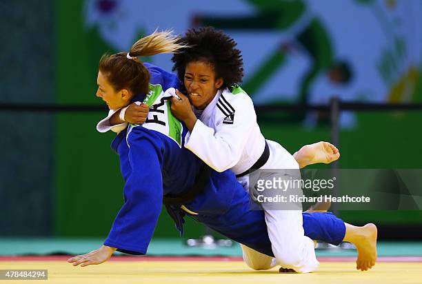 Miryam Roper of Germany and Automne Pavia of France compete in the Women's Judo -57kg Bronze Final during day thirteen of the Baku 2015 European...