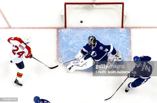 Goalie Ben Bishop and Eric Brewer of the Tampa Bay Lightning and Brad Boyes of the Florida Panthers watch the puck go into the net for a goal during...