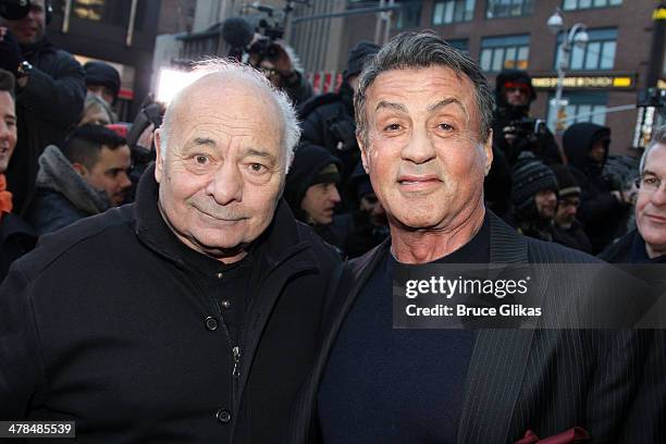 Burt Young and Sylvester Stallone attend the "Rocky" Broadway opening night at The Winter Garden Theatre on March 13, 2014 in New York City.