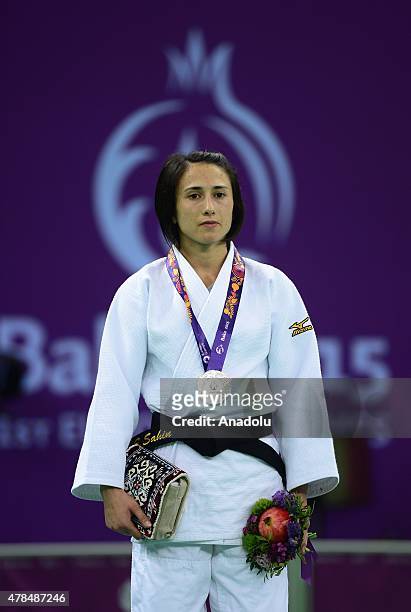 Silver medalist Turkey's Ebru Sahin poses after their women's -48kg judo final match with Belgium's Charline van Snick at the Baku 2015 European...
