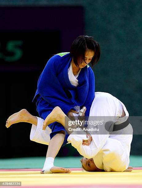 Belgium's Charline van Snick competes against Turkey's Ebru Sahin during their women's -48kg judo final match at the 2015 European Games in Baku on...