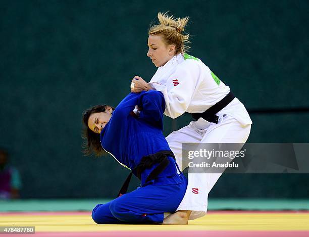 Belgium's Charline van Snick competes against Turkey's Ebru Sahin during their women's -48kg judo final match at the 2015 European Games in Baku on...
