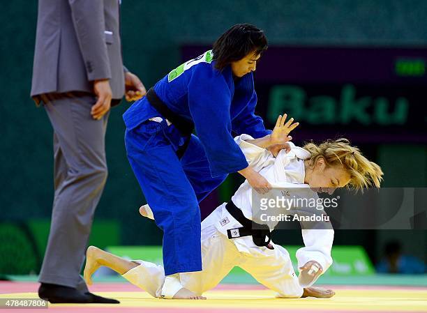 Belgium's Charline van Snick competes against Turkey's Ebru Sahin during their women's -48kg judo final match at the 2015 European Games in Baku on...