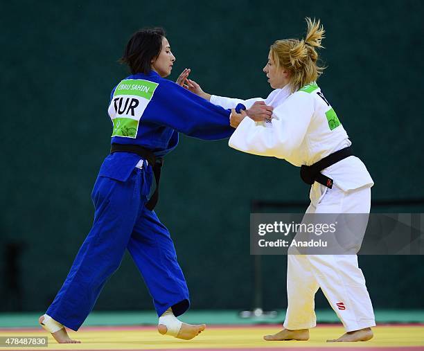 Belgium's Charline van Snick competes against Turkey's Ebru Sahin during their women's -48kg judo final match at the 2015 European Games in Baku on...