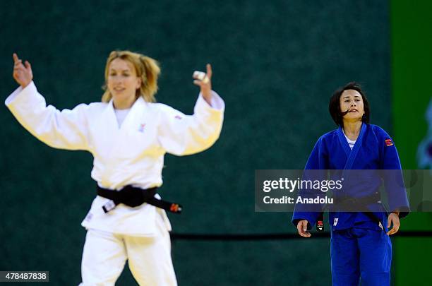 Belgium's Charline van Snick celebrates her wining over Turkey's Ebru Sahin during their women's -48kg judo final match at the 2015 European Games in...