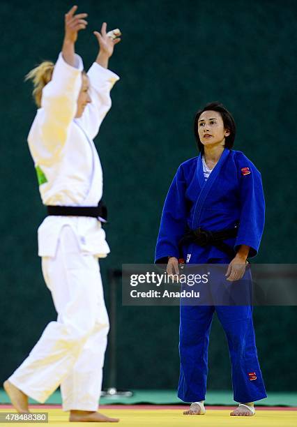 Belgium's Charline van Snick celebrates her wining over Turkey's Ebru Sahin during their women's -48kg judo final match at the 2015 European Games in...