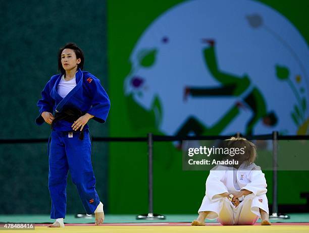 Belgium's Charline van Snick competes against Turkey's Ebru Sahin during their women's -48kg judo final match at the 2015 European Games in Baku on...