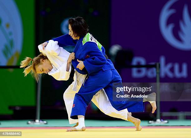 Belgium's Charline van Snick competes against Turkey's Ebru Sahin during their women's -48kg judo final match at the 2015 European Games in Baku on...