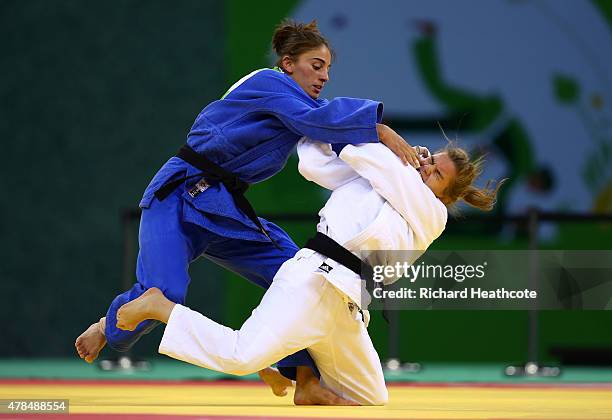 Sanne Verhagen of the Netherlands and Nora Gjakova of Kosovo compete in the Women's Judo -57kg Bronze Final during day thirteen of the Baku 2015...