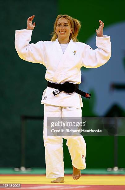 Charline van Snick of Belgium celebrates victory over Ebru Sahin of Turkey in the Women's Judo -48kg Final during day thirteen of the Baku 2015...