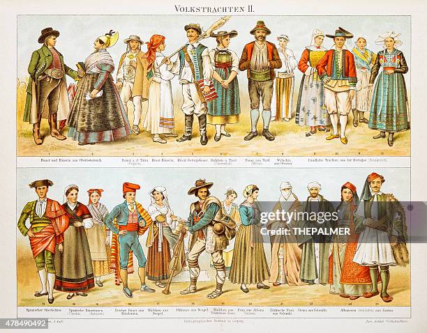 european costumes lithograph 1897 - trastevere stock illustrations