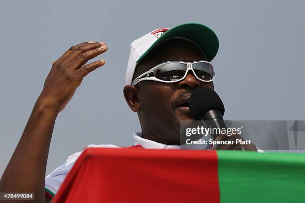 Burundian President Pierre Nkurunziza kicks off his official campaign for the presidency at a rally on June 25, 2015 in Busoni, Burundi. Nkurunziza...