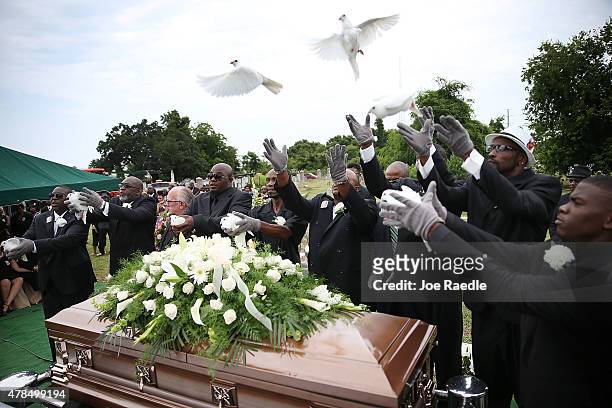 Doves are released over the casket of Ethel Lance before she is buried at the AME Church cemetery, she was one of nine victims of a mass shooting at...
