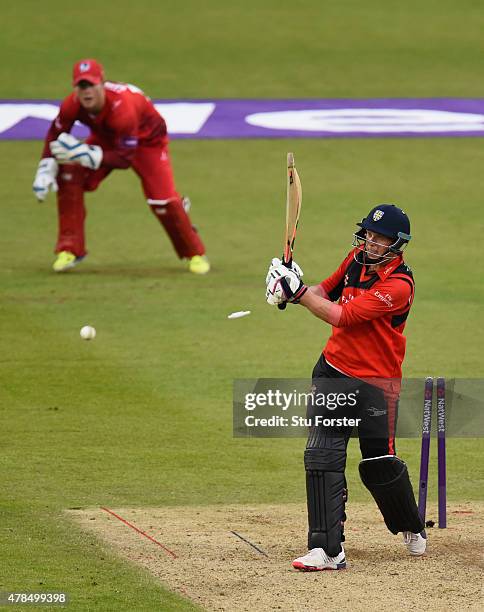 Durham batsman Scott Borthwick is bowled by Kyle Jarvis during the NatWest T20 blast between Durham Jets and Lancashire Lightning at Emirates Durham...