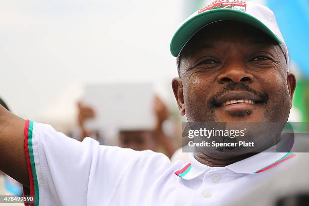Burundian President Pierre Nkurunziza kicks off his official campaign for the presidency at a rally on June 25, 2015 in Busoni, Burundi. Nkurunziza...
