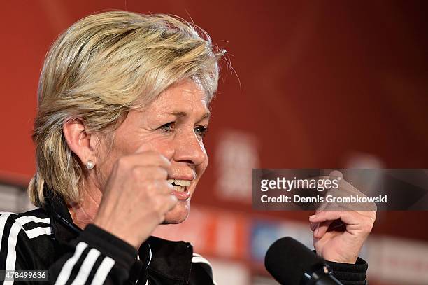 Head coach Silvia Neid of Germany reacts during a press conference at Stade Olympique de Montreal on June 25, 2015 in Montreal, Canada.