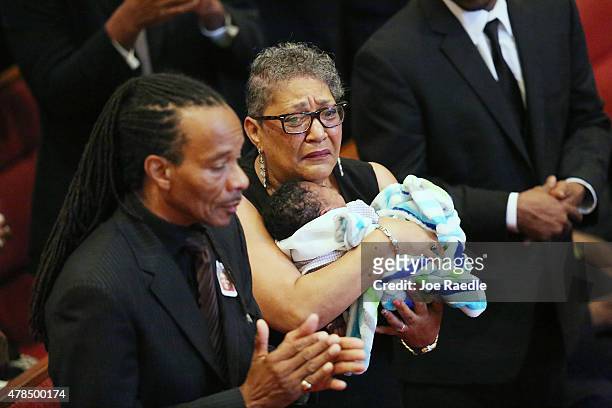 Sharon Risher, attends the funeral service for her mother, Ethel Lance who was one of nine victims of a mass shooting at the Emanuel African...