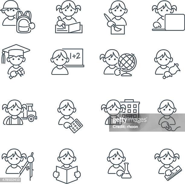 ilustraciones, imágenes clip art, dibujos animados e iconos de stock de school kids educación iconos de líneas finas - man on bus drawing