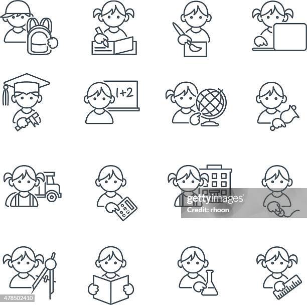 ilustraciones, imágenes clip art, dibujos animados e iconos de stock de school kids educación iconos de líneas finas - child