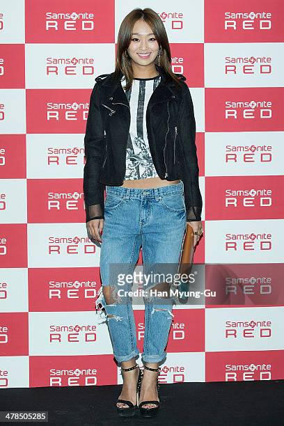 Hyolyn of South Korean girl group SISTAR attends the "Samsonite Red" 2014 S/S Collection Presentation at Platoon Kunsthalle on March 13, 2014 in...