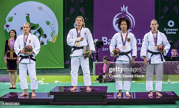 Under 57kg medallists Silver; Hedvig Karakas HUN, Gold; Telma Monteiro POR, Bronzes; Miryam Roper GER and Nora Gjakova KOS during the 2015 Baku...