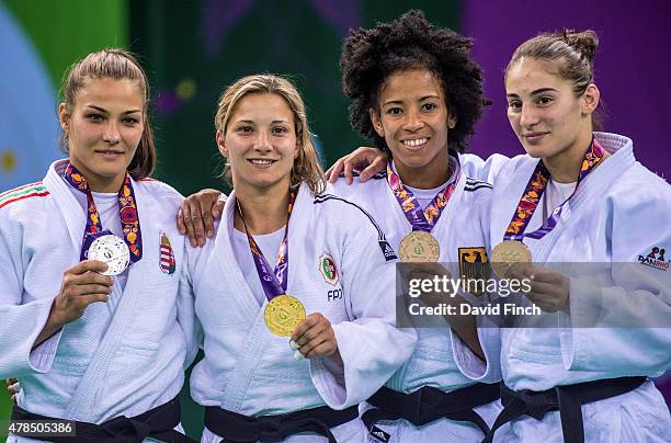 Under 57kg medallists Silver; Hedvig Karakas HUN, Gold; Telma Monteiro POR, Bronzes; Miryam Roper GER and Nora Gjakova KOS during the 2015 Baku...