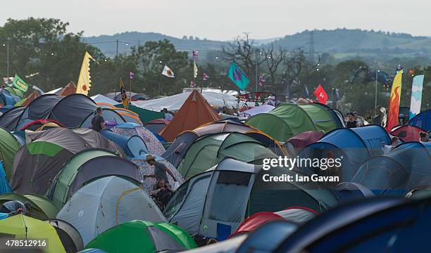 General view of a field of tents during Day 1 of the Glastonbury Festival at Worthy Farm, Pilton on June 25, 2015 in Glastonbury, England. Now its...