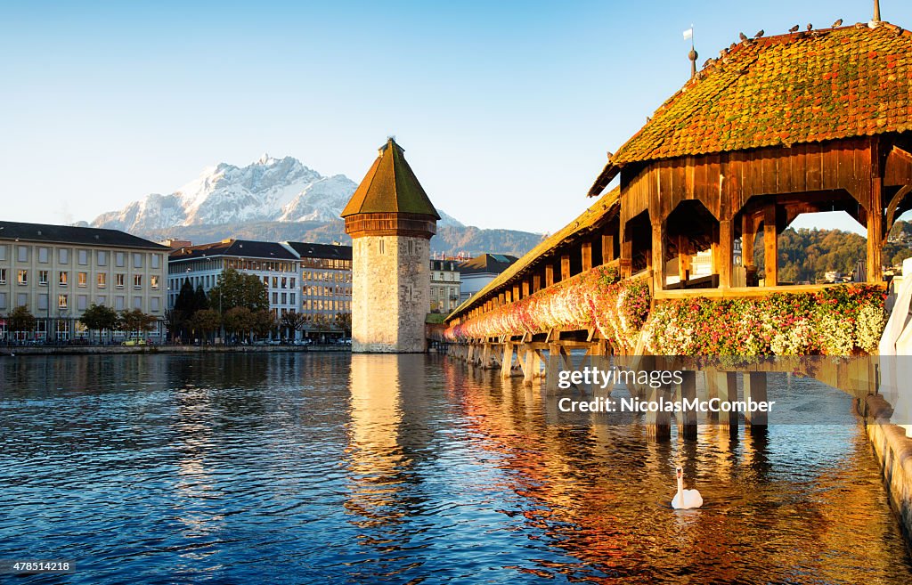 Lucerne Switzerland Reuss Chapel bridge at dawn with Mount Pilatus