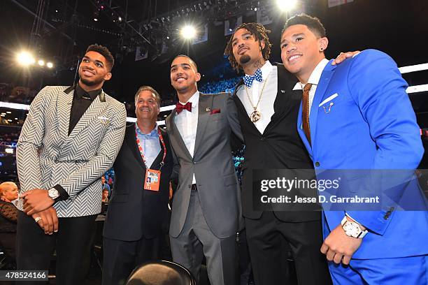 Karl-Anthony Towns John Calipari Trey Lyles Willie Cauley-Stein and Devin Booker pose for a picture before the start of the 2015 NBA Draft at the...