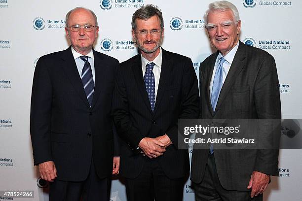 John Ruggie, Executive Director, UN Global Compact Georg Kell and Sir Mark Moody-Stuart attend United Nations Global Compact 15TH Anniversary...