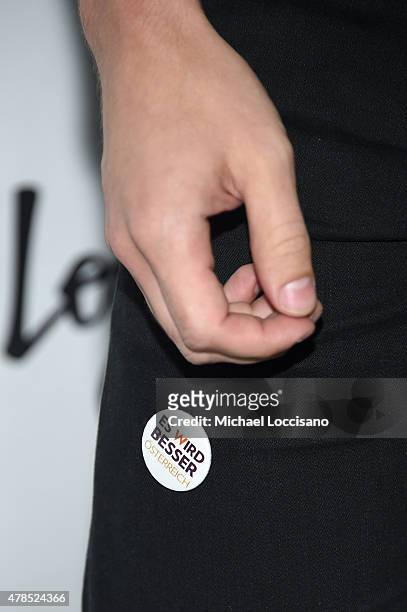 Musician Steve Grand, sticker detail, attends Logo's "Trailblazer Honors" 2015 at the Cathedral of St. John the Divine on June 25, 2015 in New York...