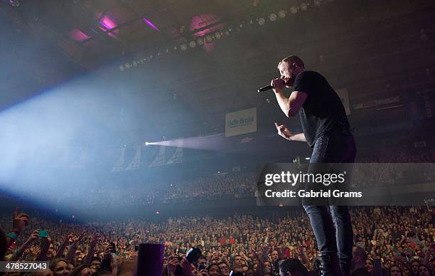 Dan Reynolds of Imagine Dragons performs in concert at Allstate Arena on March 13, 2014 in Chicago, Illinois.