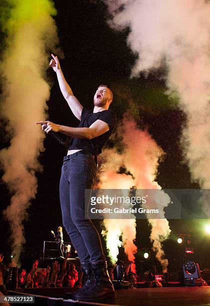 Dan Reynolds of Imagine Dragons performs in concert at Allstate Arena on March 13, 2014 in Chicago, Illinois.