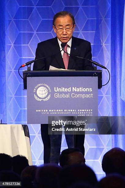 Secretary-General of the United Nations Ban Ki-moon speaks onstage during the United Nations Global Compact 15TH Anniversary Celebration at Cipriani...
