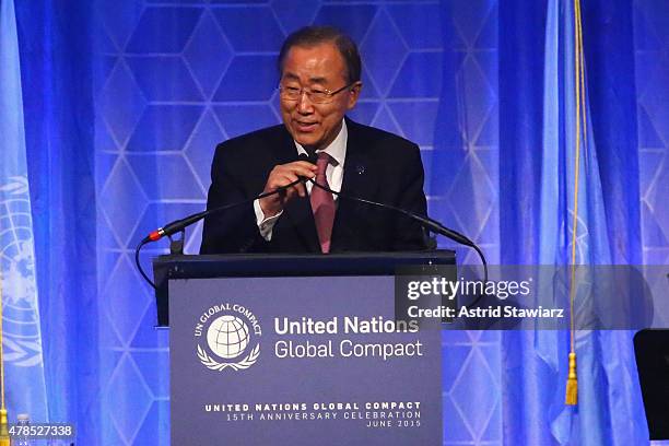 Secretary-General of the United Nations Ban Ki-moon speaks onstage during the United Nations Global Compact 15TH Anniversary Celebration at Cipriani...