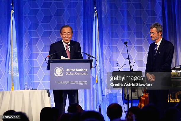 Secretary-General of the United Nations Ban Ki-moon and Executive Director, UN Global Compact Georg Kell speak onstage during the United Nations...