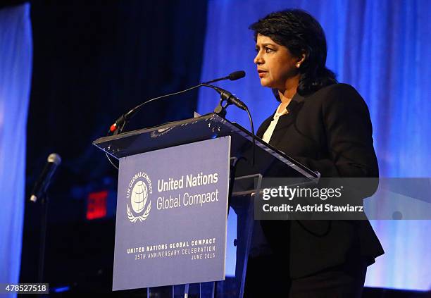 President of the Republic of Mauritius, Dr. Ameenah Gurib-Fakim speaks onstage during the United Nations Global Compact 15TH Anniversary Celebration...