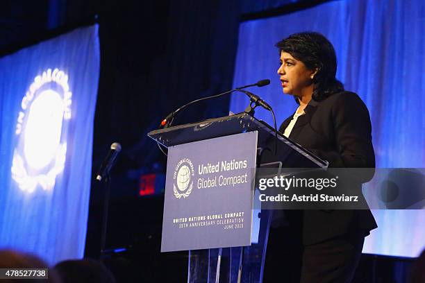 President of the Republic of Mauritius, Dr. Ameenah Gurib-Fakim speaks onstage during the United Nations Global Compact 15TH Anniversary Celebration...