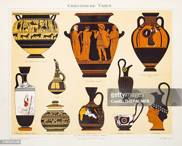 ilustraciones, imágenes clip art, dibujos animados e iconos de stock de griego urns y amphoras lithograph 1897 - anfora