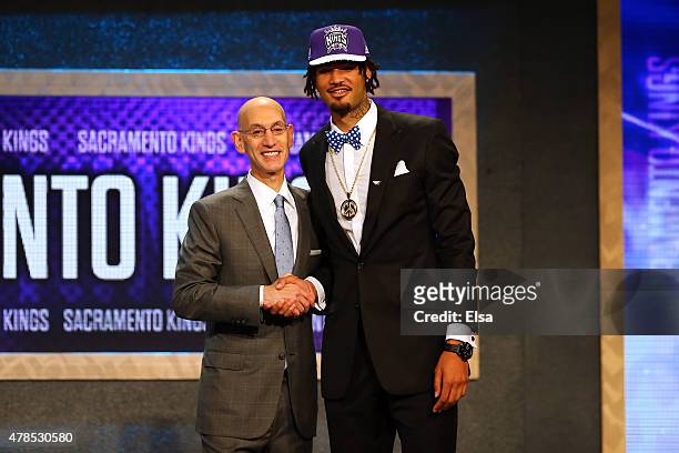 Willie Cauley-Stein poses with Commissioner Adam Silver after being selected sixth overall by the Sacramento Kings in the First Round of the 2015 NBA...