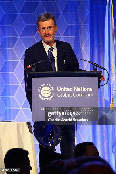 Executive Director, UN Global Compact Georg Kell speaks onstage during the United Nations Global Compact 15TH Anniversary Celebration at Cipriani...