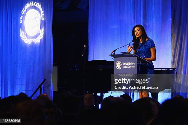 Bloomberg News Anchor Betty Liu speaks onstage during the United Nations Global Compact 15TH Anniversary Celebration at Cipriani 42nd Street on June...