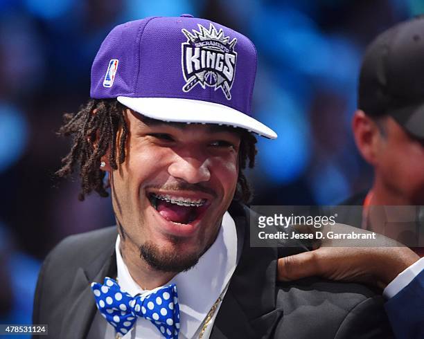 Willie Cauley-Stein the 6th pick overall in the 2015 NBA Draft by the Sacramento Kings speaks to the media during the 2015 NBA Draft at the Barclays...
