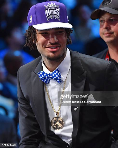 Willie Cauley-Stein the 6th pick overall in the 2015 NBA Draft by the Sacramento Kings speaks to the media during the 2015 NBA Draft at the Barclays...