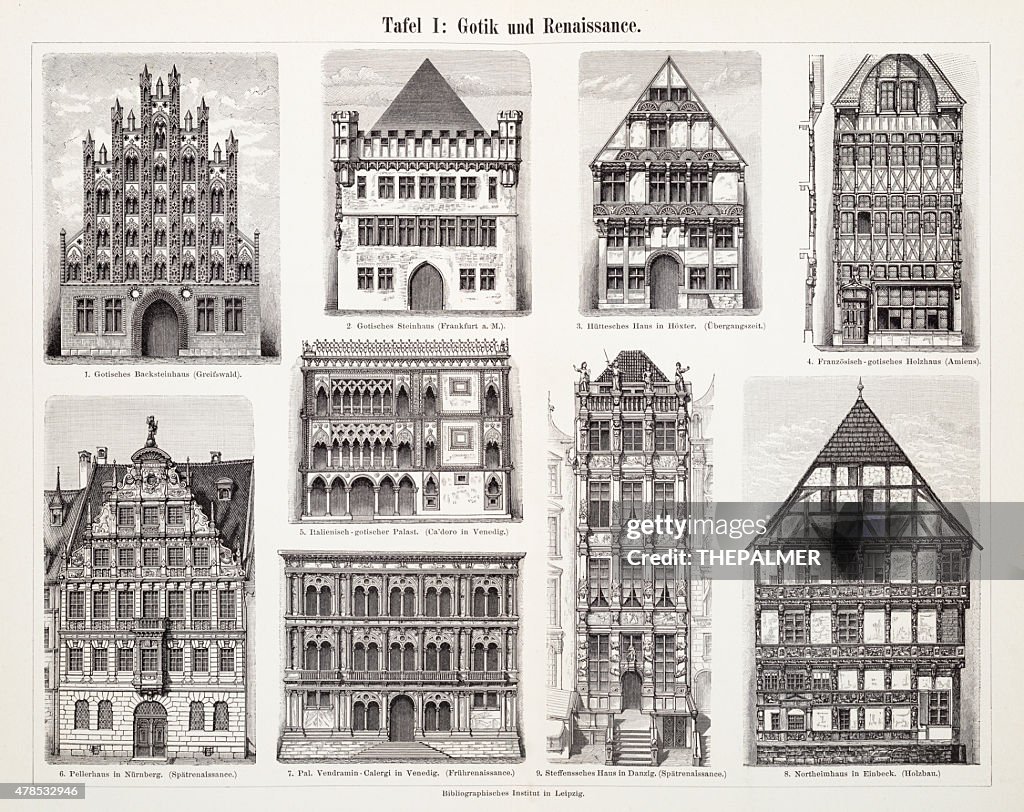 Bâtiments anciens gravure 1897 européenne