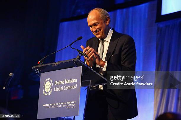 Oreal CEO Jean Paul Agon speaks onstage during the United Nations Global Compact 15TH Anniversary Celebration at Cipriani 42nd Street on June 25,...
