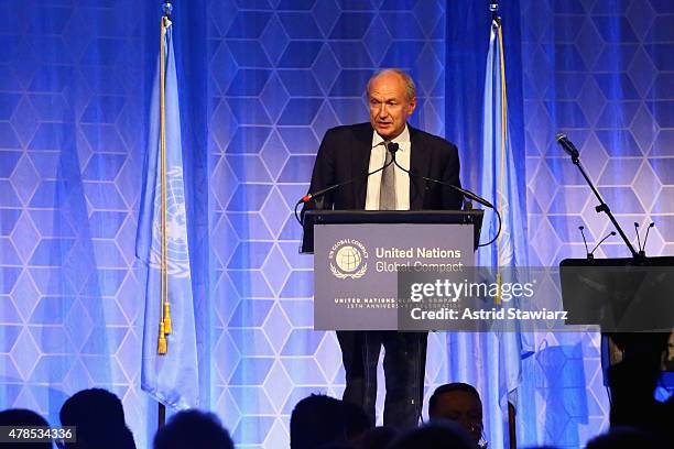 Oreal CEO Jean Paul Agon speaks onstage during the United Nations Global Compact 15TH Anniversary Celebration at Cipriani 42nd Street on June 25,...