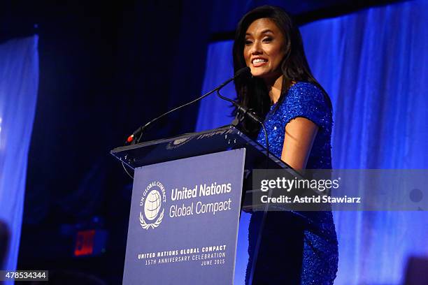 Bloomberg News Anchor Betty Liu speaks onstage during the United Nations Global Compact 15TH Anniversary Celebration at Cipriani 42nd Street on June...