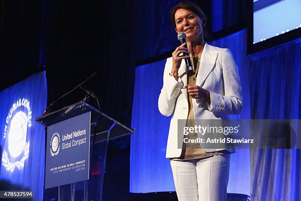 Newly appointed Global Compact Executive Direcot Lise Kingo speaks onstage during the United Nations Global Compact 15TH Anniversary Celebration at...