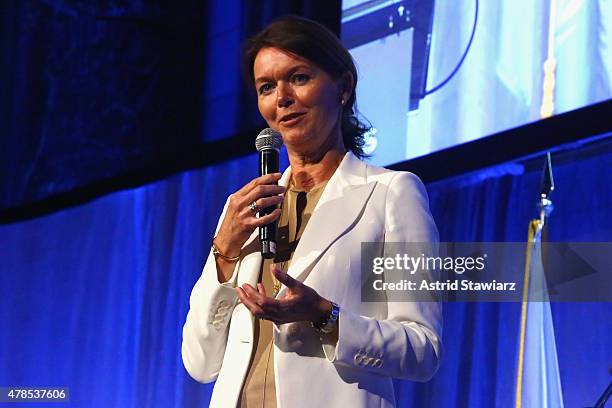 Newly appointed Global Compact Executive Direcot Lise Kingo speaks onstage during the United Nations Global Compact 15TH Anniversary Celebration at...